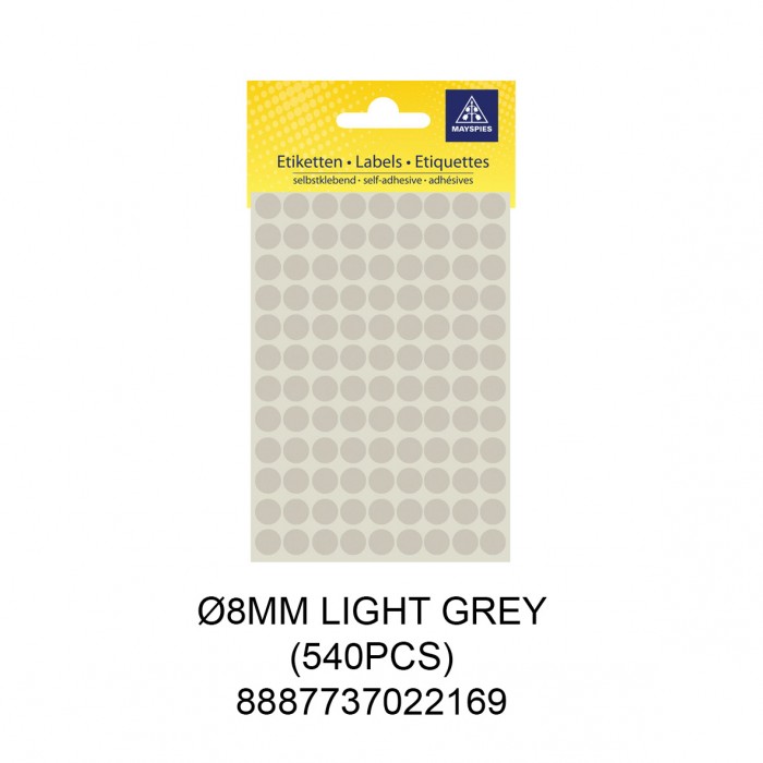 MAYSPIES MS008 COLOUR DOT LABEL / 5 SHEETS/PKT / 540PCS/ ROUND 8MM LIGHT GREY